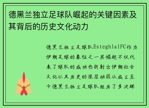 德黑兰独立足球队崛起的关键因素及其背后的历史文化动力
