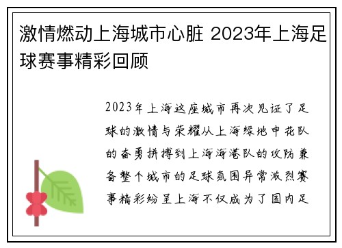 激情燃动上海城市心脏 2023年上海足球赛事精彩回顾