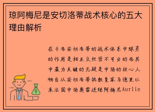 琼阿梅尼是安切洛蒂战术核心的五大理由解析
